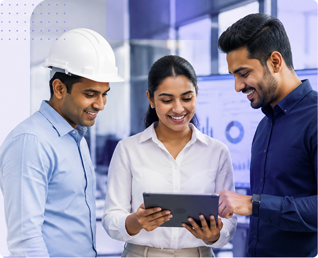 Construction and office professionals reviewing procurement details together on a tablet